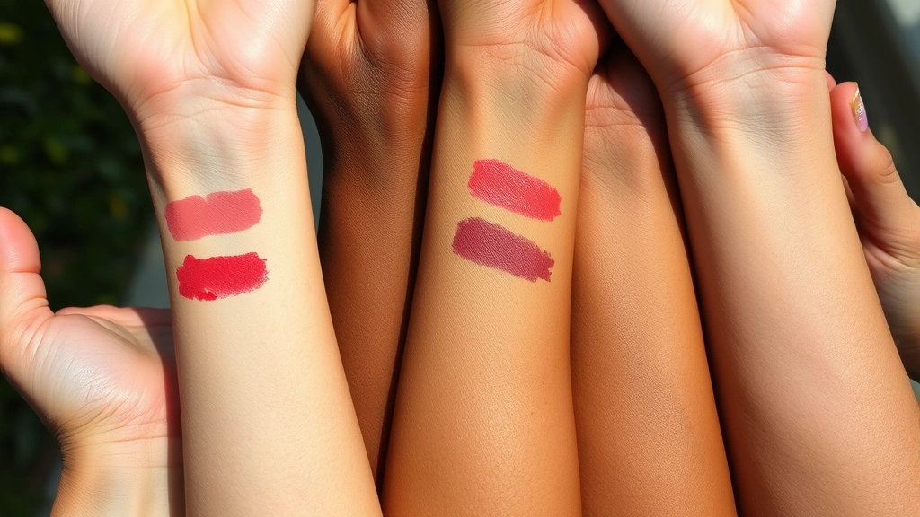 Close-up of diverse hands swatching warm and cool-toned lipstick colors on inner wrists in natural daylight, showing different skin tones comparing gold and silver undertones