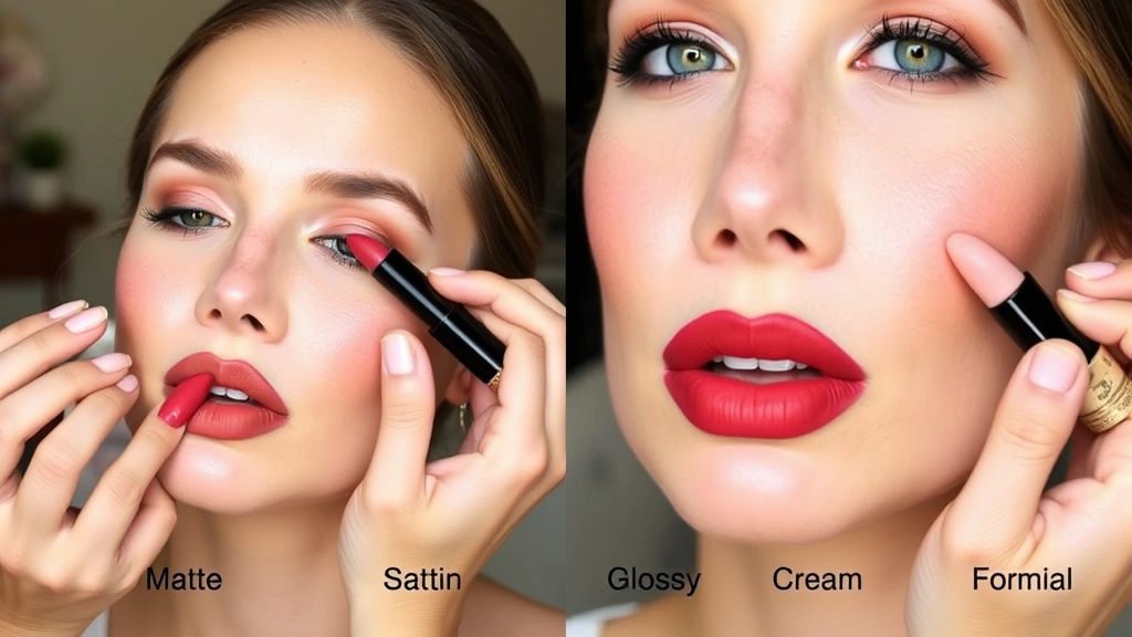 Makeup artist applying different lipstick finishes on model's lips showing matte, satin, glossy, and cream formulas side-by-side for comparison and texture demonstration