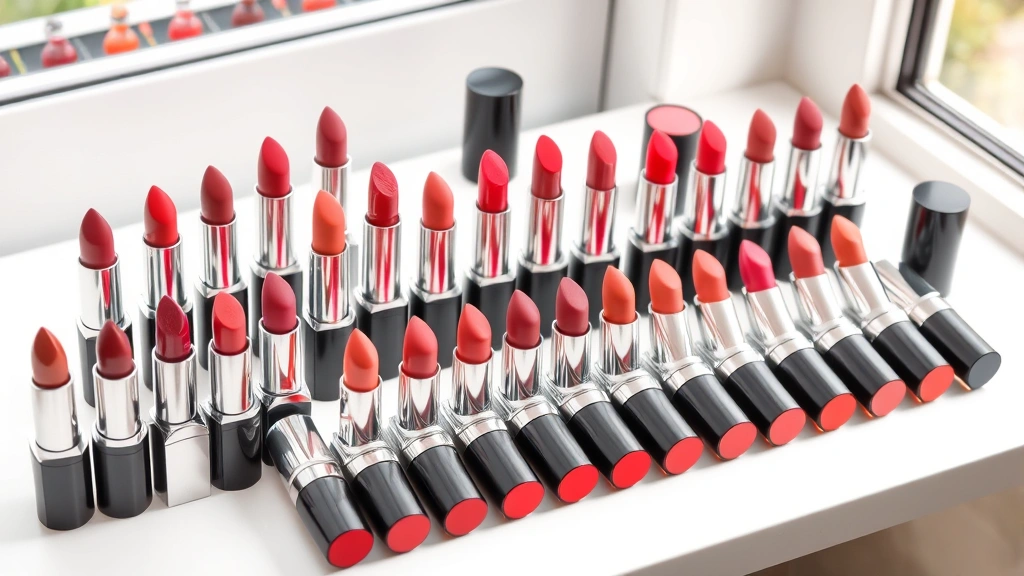 Array of lipstick shades organized by color family including berries, corals, reds, and neutrals displayed on a white surface with natural window lighting showing true color representation