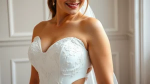 Close-up of bride wearing a form-fitting white wedding dress with strategic cutouts on the sides, showing confident posture and radiant smile, professional makeup with neutral tones, indoor studio lighting, modern bridal aesthetic