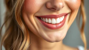 Close-up of a woman with fair skin smiling, showing peachy-coral blush on her cheeks with natural lighting, makeup focus