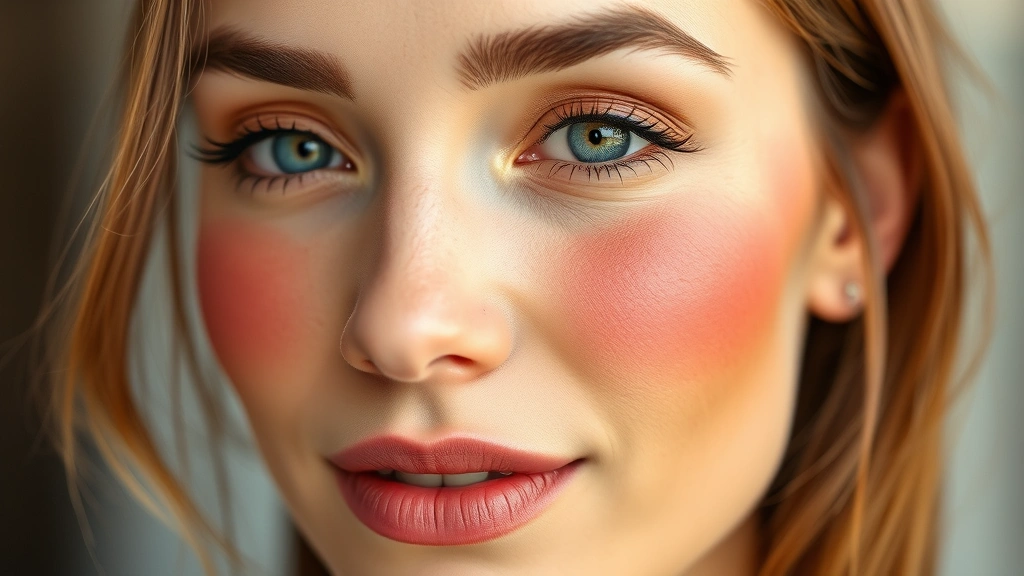 Medium skin tone woman with warm terracotta blush applied to apples of cheeks, professional makeup application, natural light