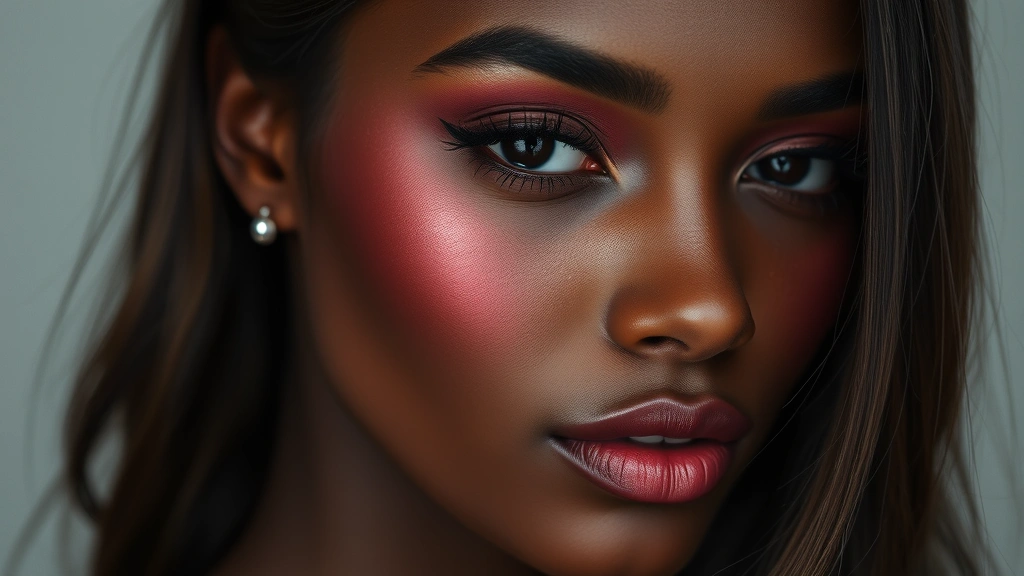 Deep skin tone woman with rich burgundy-wine blush and subtle shimmer, beautifully blended on cheekbones, professional photography
