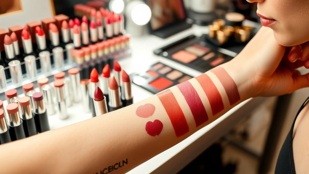 Makeup artist's workstation displaying organized rows of lipstick tubes in various finishes and colors, showing swatches on arm demonstrating undertone matching and color families, bright studio lighting