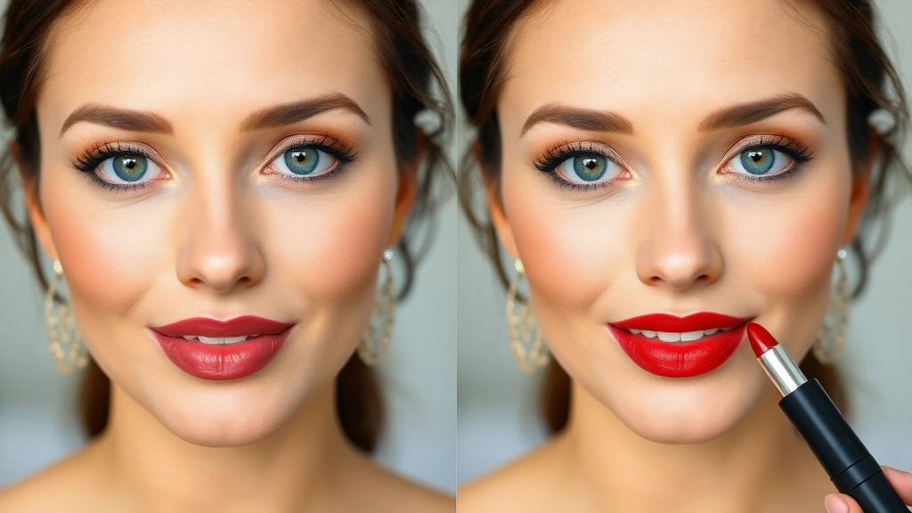 Before-and-after beauty transformation showing woman's face with expertly applied lipstick using proper lip liner and application technique, demonstrating professional makeup application results with confidence