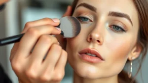 Close-up of a makeup artist applying liquid foundation to a woman's face using a damp beauty sponge, focusing on blending technique, natural lighting, flawless skin