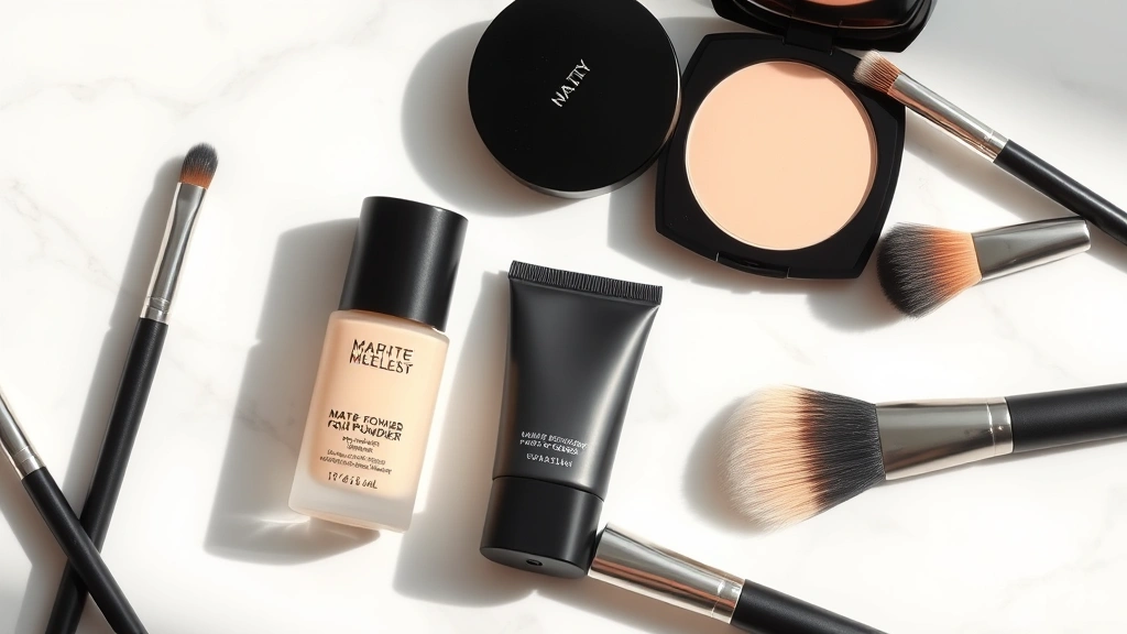 Flat lay arrangement of matte foundation products, primer bottles, setting powder, and brushes on a white marble surface with soft shadows, professional product photography