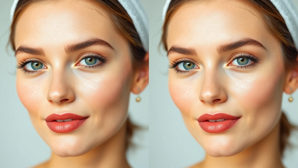 Before and after split-screen showing a woman's face with oily shine on left side and perfectly matte, flawless foundation applied on right side, professional beauty photography