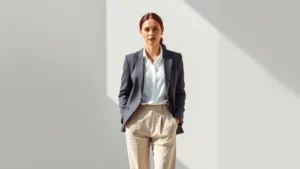 Woman wearing timeless classic outfit with tailored blazer, white button-up shirt, and neutral trousers, standing confidently in natural light with minimalist background