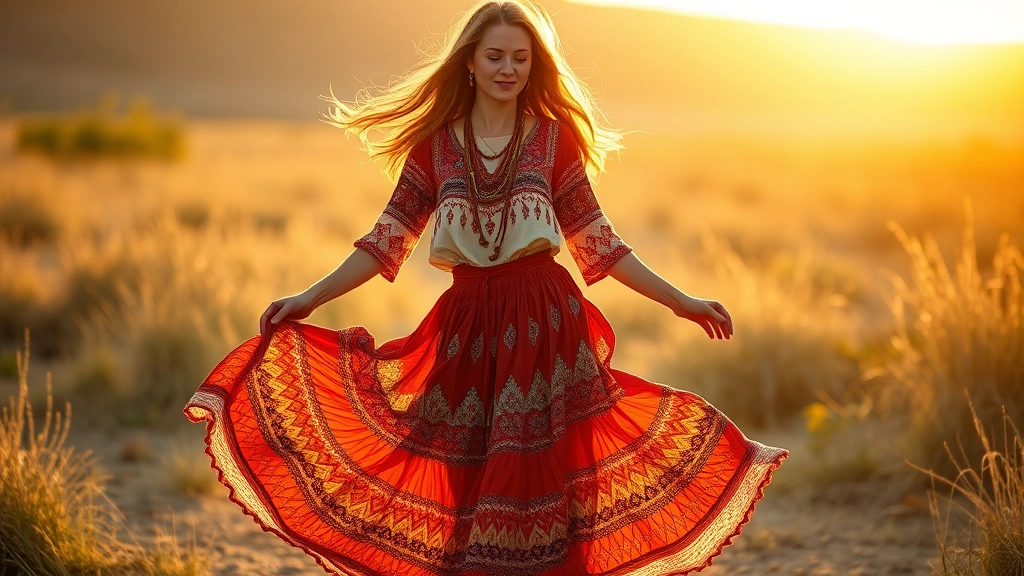 Bohemian-styled woman in flowing maxi skirt, layered jewelry, and ethnic-inspired blouse, twirling with relaxed natural grace in warm golden hour lighting