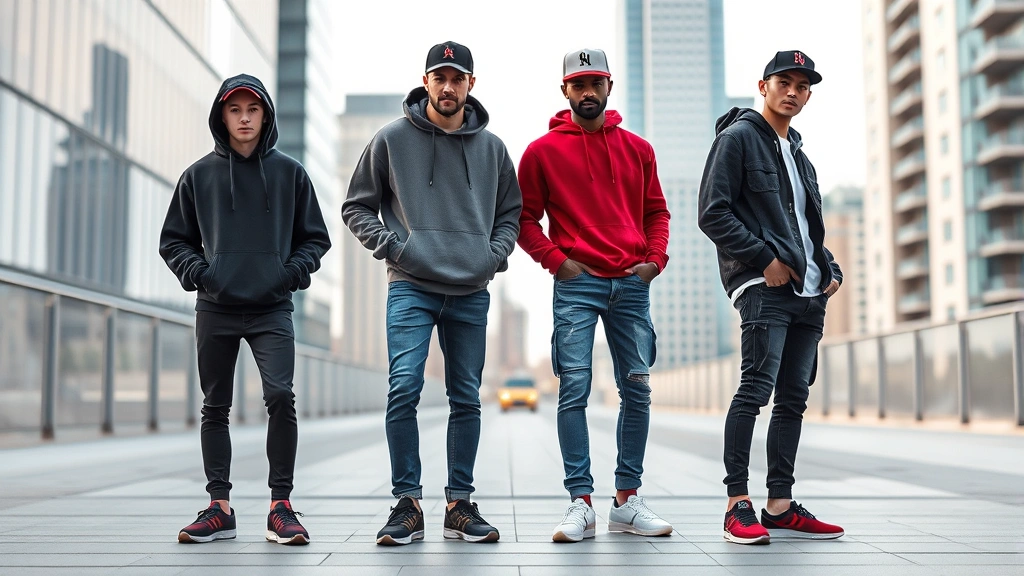 Urban streetwear fashion featuring oversized hoodie, well-fitted jeans, premium sneakers, and baseball cap, casual confident pose against modern city backdrop
