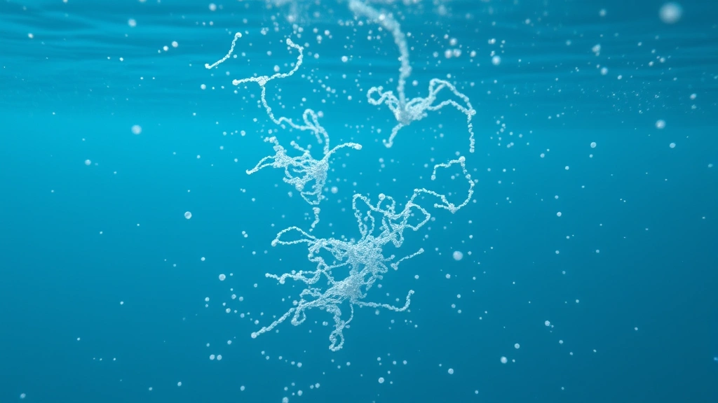 Underwater scene with microplastics and tiny synthetic fibers floating in water, representing pollution from textile washing, clear blue water with particles, scientific visualization style