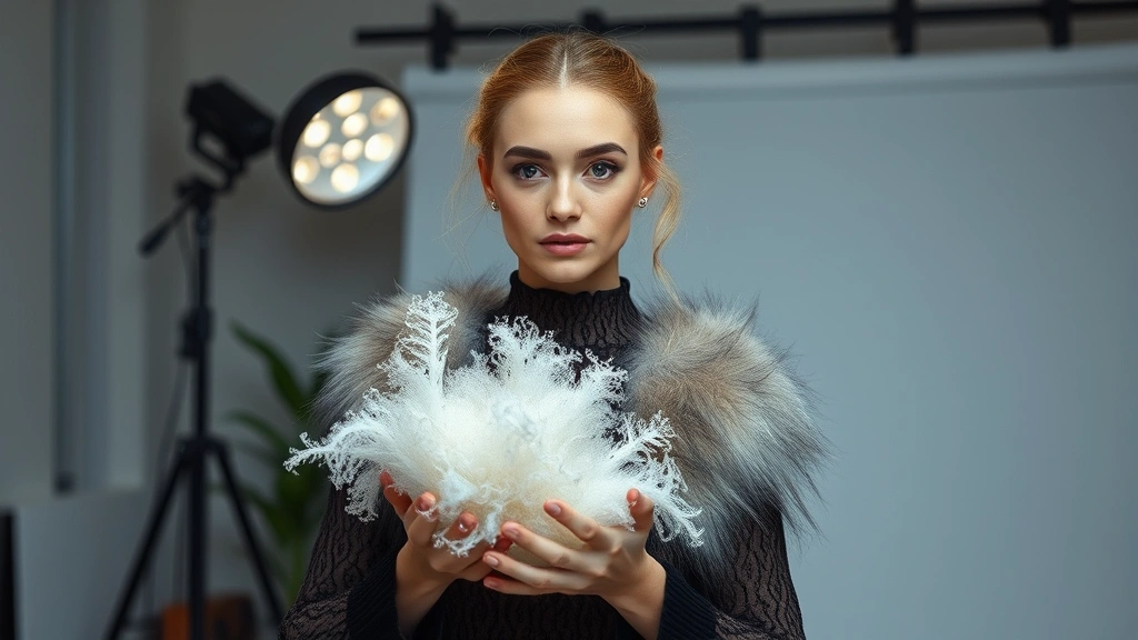 Sustainable fashion designer holding innovative lab-grown mycelium-based fur alternative material, modern studio lighting, professional beauty and sustainability focus