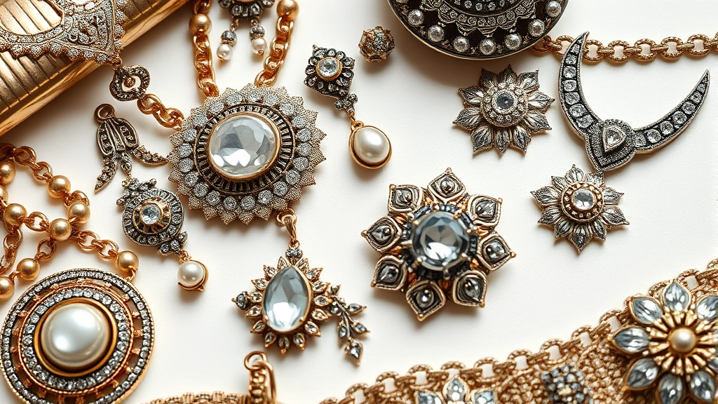 Close-up of luxurious fashion styling with coordinated jewelry, metallic accessories, and ornate details arranged artistically on a white surface, showcasing accessory harmony and visual balance