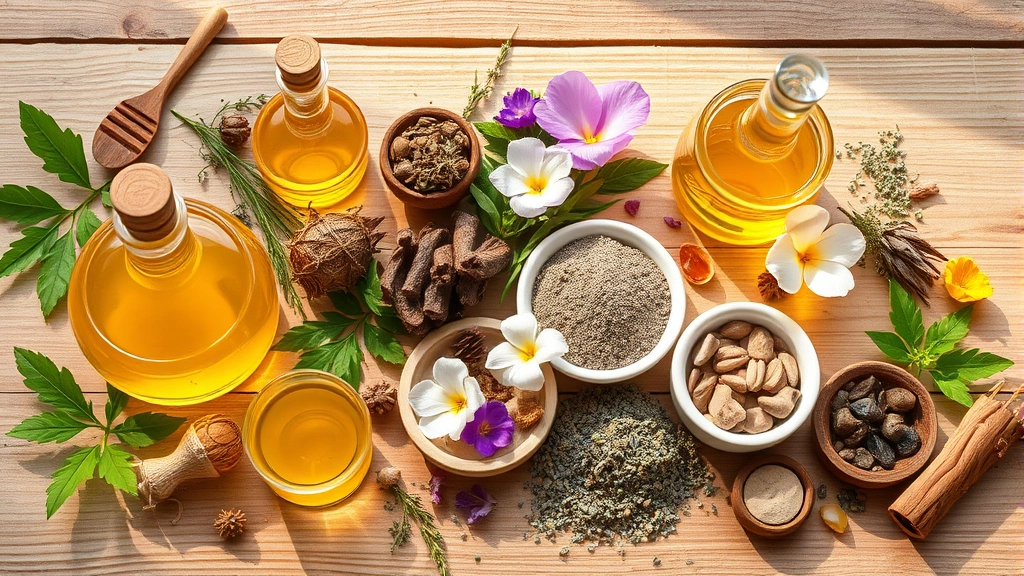 Array of traditional beauty ingredients arranged artfully: honey, oils, herbs, flowers, clay, and botanical extracts on natural wood surface with soft natural light