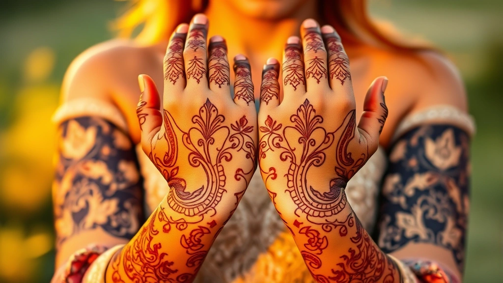 Woman with intricate henna designs on hands and arms, detailed patterns visible, hands positioned gracefully, warm golden lighting emphasizing the rich reddish-brown henna color and fine detail work