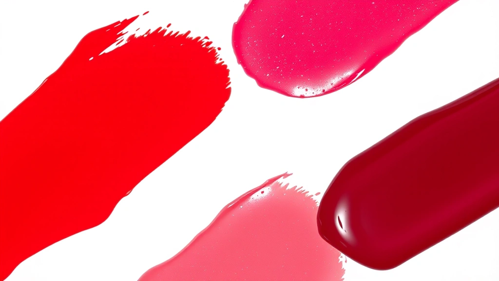 Close-up of vibrant liquid lipstick swatches showing rich red, pink, and berry tones on white background with natural lighting and glossy finish