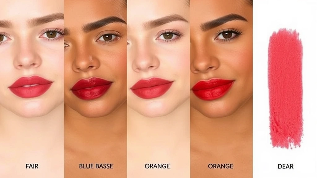 Swatches of five different red lipstick shades on diverse skin tones ranging from fair to deep complexion, arranged in neat rows showing undertone variations from cool blue-based to warm orange-based reds