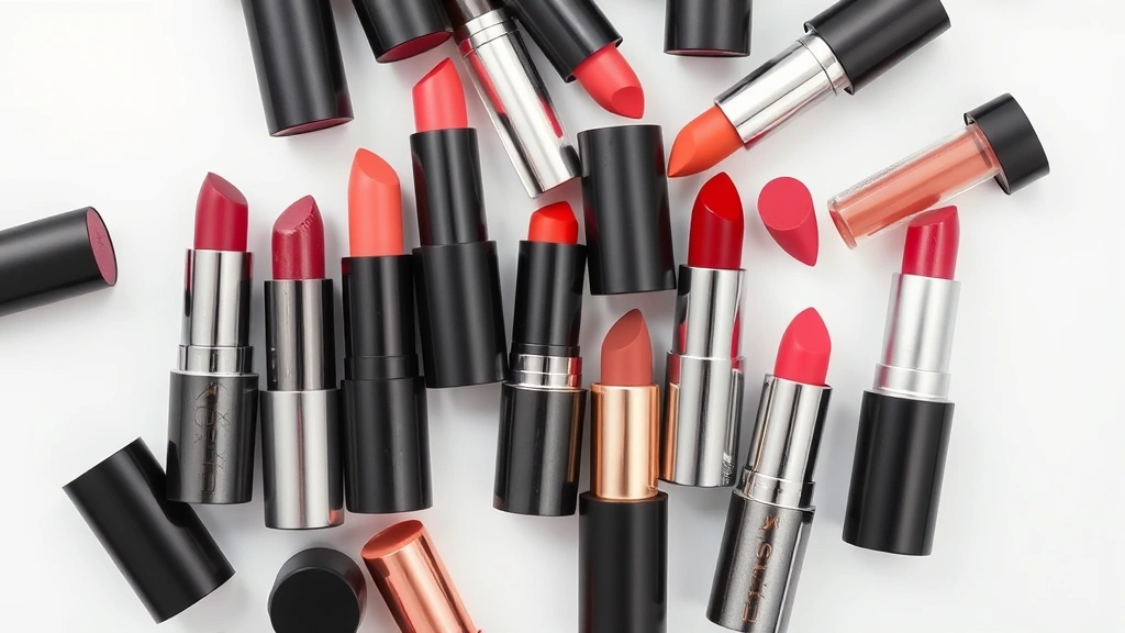 Overhead flat lay arrangement of various lipstick tubes opened showing creamy textures, matte finishes, and glossy formulations in different shades