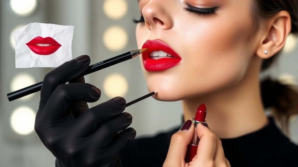 Professional makeup artist performing red lipstick application demonstration with lip liner, blotting tissue, and translucent powder visible, showing the complete step-by-step process for long-lasting wear