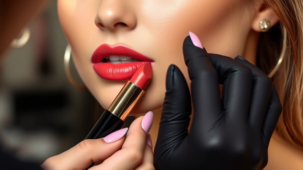 Professional makeup artist applying luxurious lipstick to model's lips showing smooth application technique and beautiful color payoff