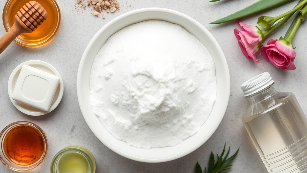 Overhead flat lay of baking soda in a white bowl with natural skincare ingredients like honey, aloe vera, and rose water arranged artfully around it
