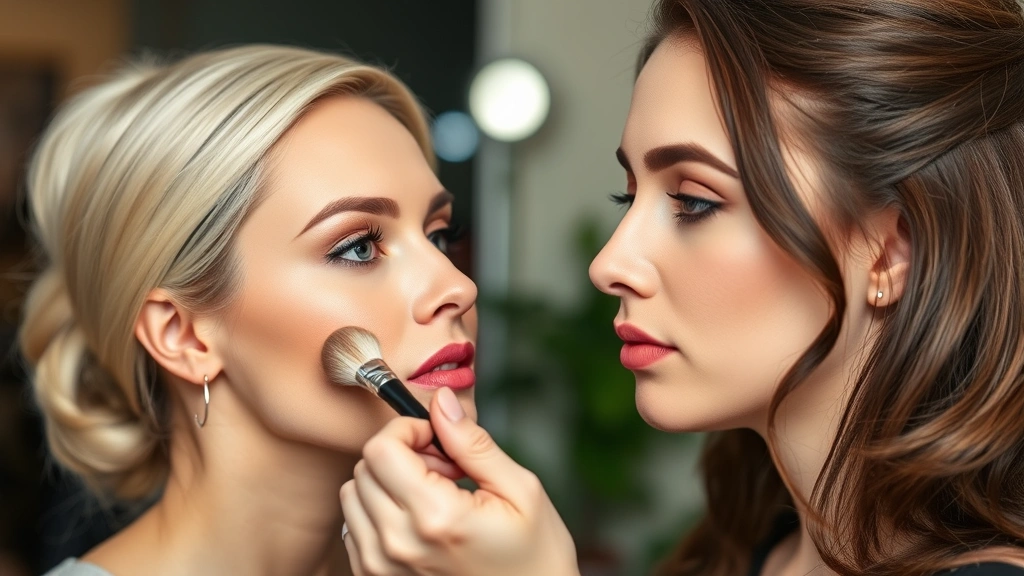 Professional makeup artist applying primer to a client's face with a brush, focusing on smooth, even application technique on clean skin