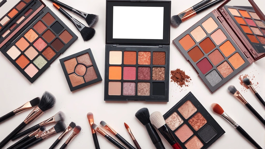 Flat lay composition of five luxury eyeshadow palettes arranged artfully with makeup brushes and a mirror, displaying diverse color stories from neutral to jewel tones