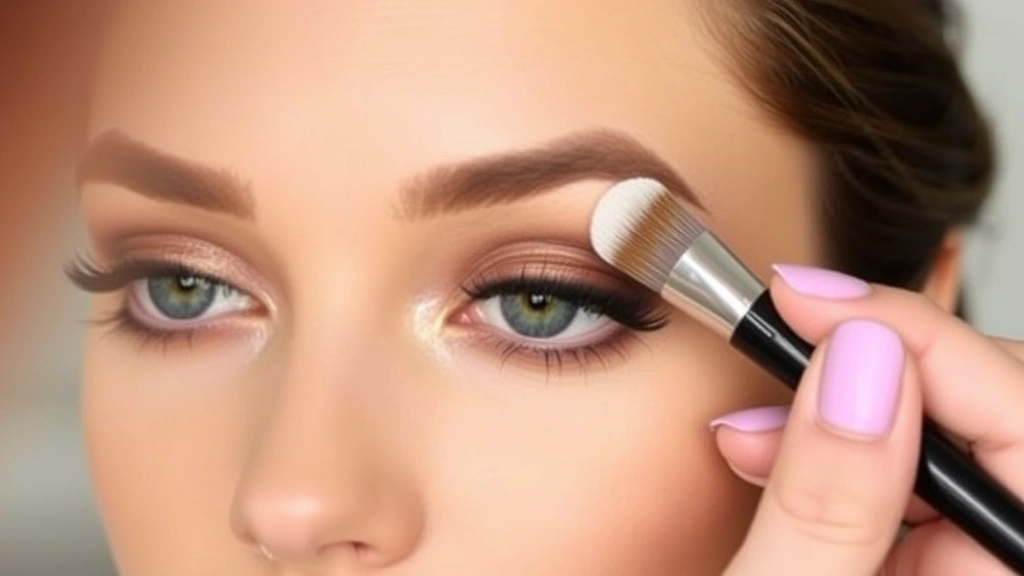 Beauty guru applying eyeshadow with a blending brush on a model's eyelid, showing professional blending technique and color transition from matte to shimmer finish
