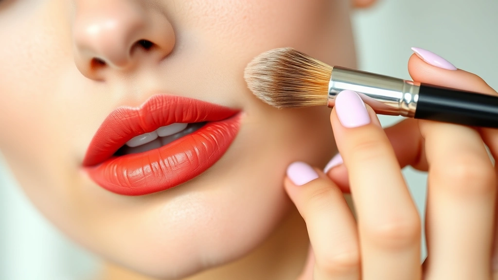 Close-up of a woman with fair skin applying warm coral lipstick with a precision brush, natural daylight, professional makeup application