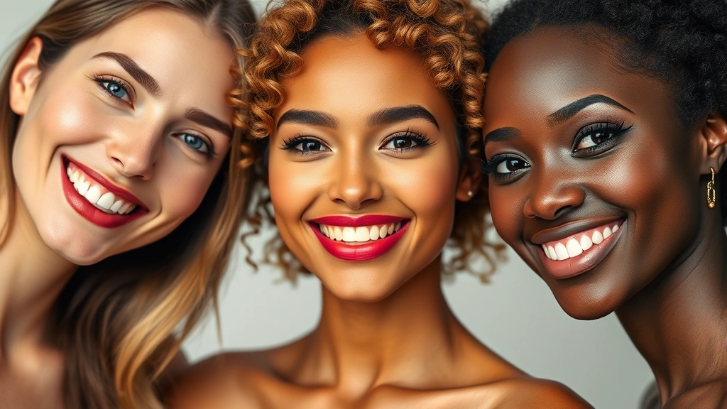 Diverse group of three women with different skin tones (fair, medium, deep) each wearing their ideal lipstick shades, radiant smiles, natural lighting, showcasing color variety