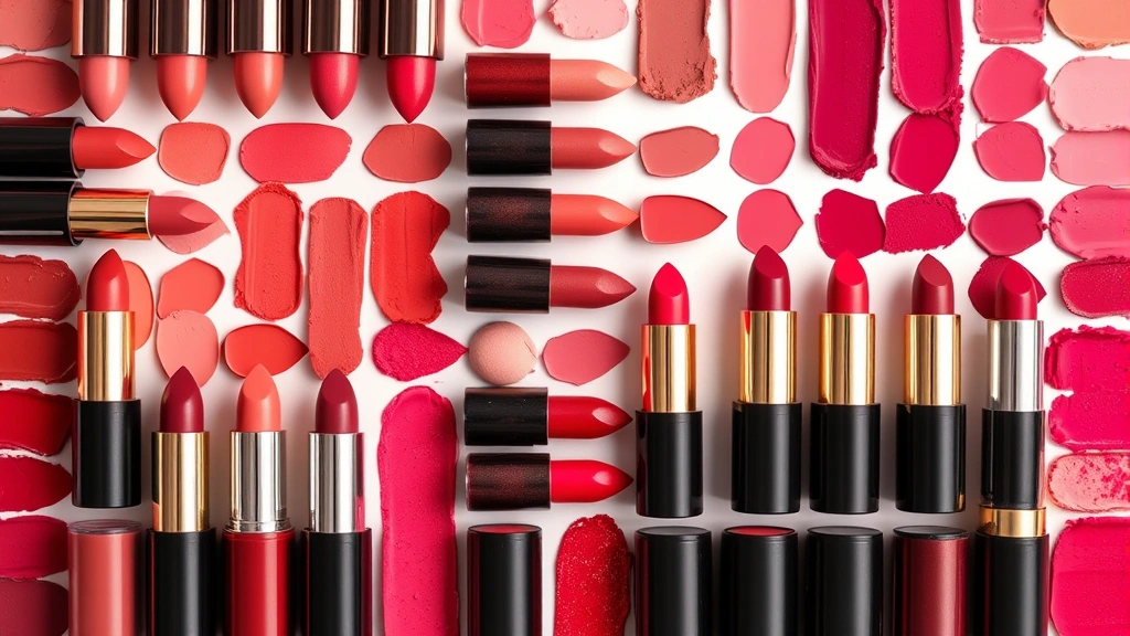 Beauty flat lay of various lipstick shades arranged by color family from nude to deep burgundy, arranged in organized rows, soft natural lighting