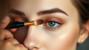 Close-up of a makeup artist applying concealer under the eyes with a small brush, showing proper technique with soft lighting on a woman's face