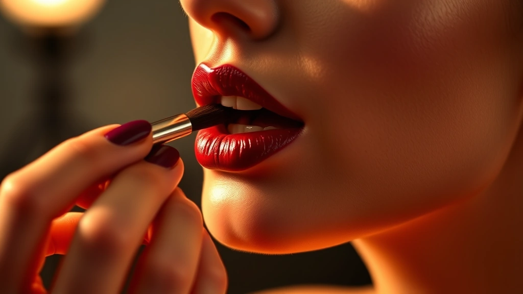 Close-up of professional makeup artist's hands applying lipstick with precision brush to model's lips, warm studio lighting, showing detailed technique with burgundy lipstick shade