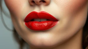 Close-up of a woman's lips wearing a classic blue-based red lipstick, perfectly applied with defined edges, professional studio lighting highlighting the rich color and texture, neutral background
