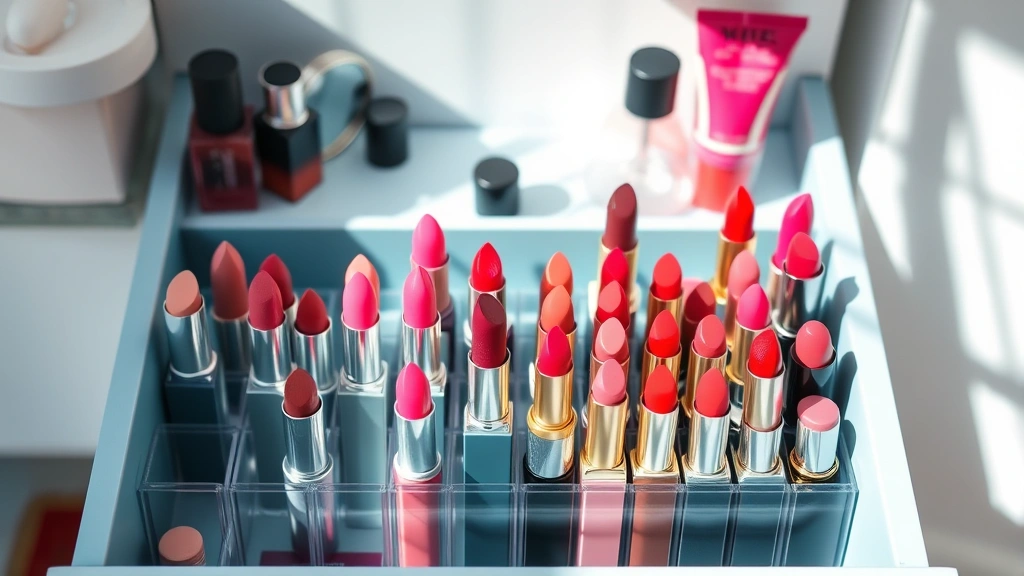 Organized lipstick collection in cool-toned drawer organizer showing various shades standing upright, natural daylight illuminating the colors, minimalist aesthetic with beauty products