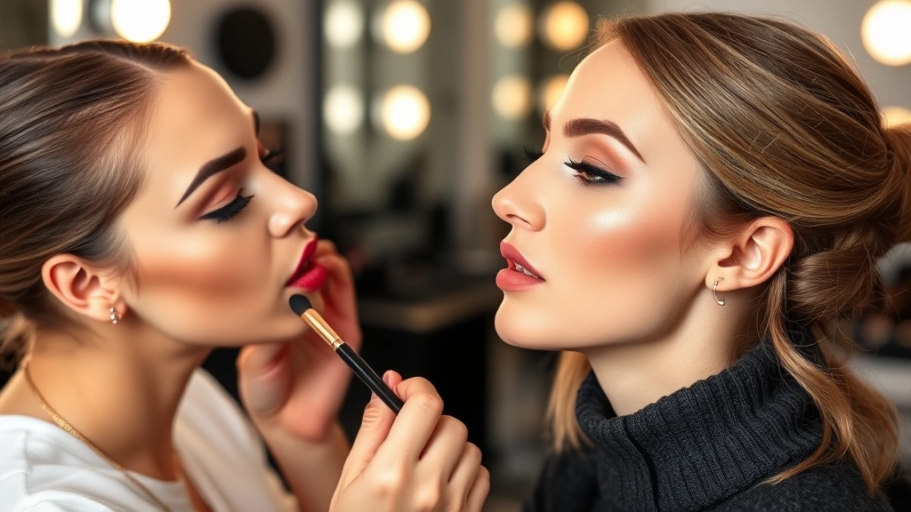Makeup artist demonstrating lipstick blending technique on client's lips using two coordinating shades, showing ombre effect with brush application, professional makeup studio background