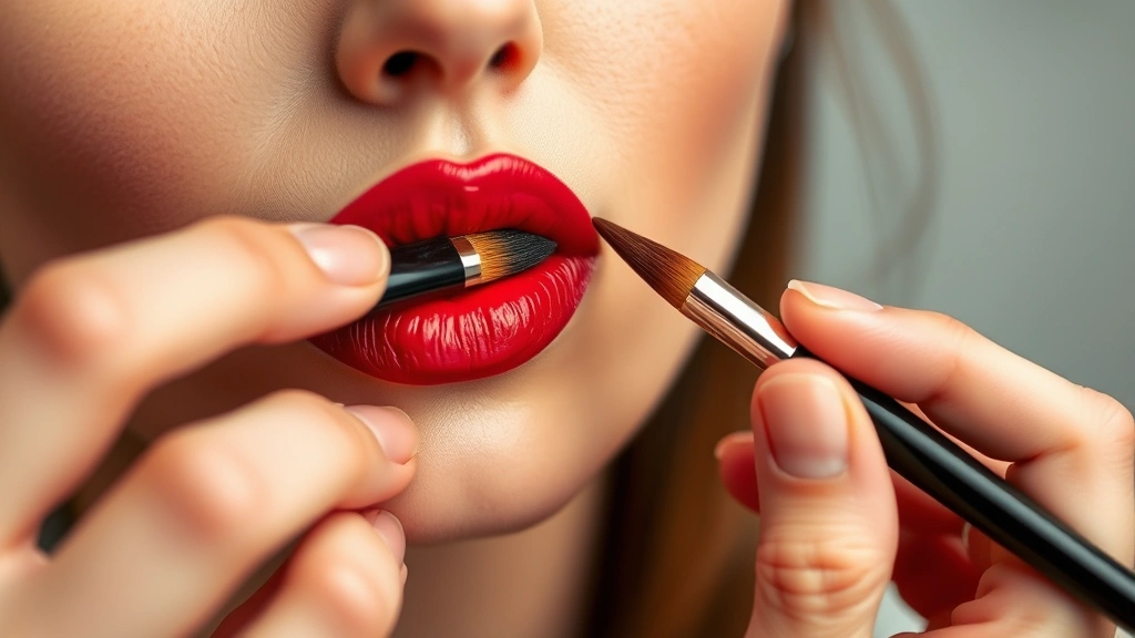 Makeup artist's hand applying red lipstick with a precision brush to a client's lips, showing professional application technique, detailed view of the brush work and lip definition