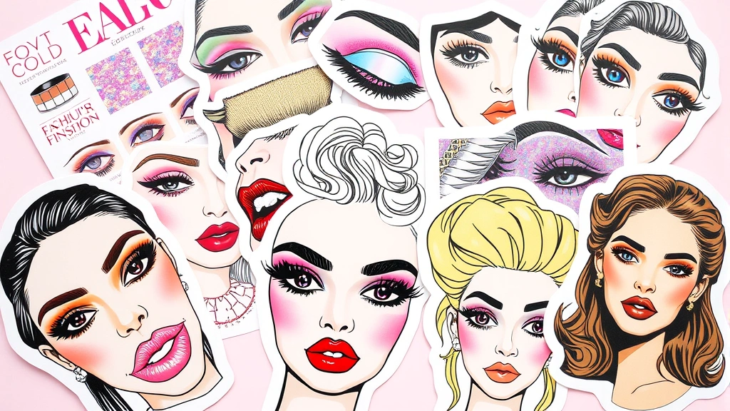 Flat lay of diverse fashionista sticker sheets displaying minimalist makeup designs, holographic finishes, vintage beauty references, and bold face illustrations in jewel tones and pastels