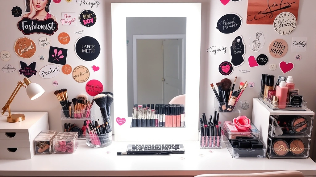 Beautifully organized makeup vanity workspace decorated with fashionista stickers around a lighted mirror, showing various sticker placements on brush holders, makeup organizers, and cosmetic containers