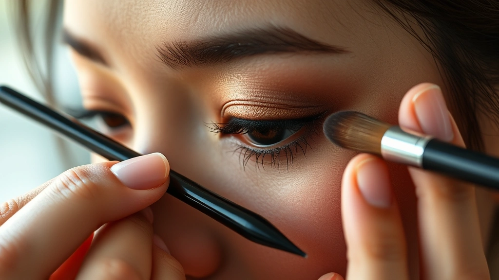 Detailed view of Japanese makeup artist applying eyeshadow with precision brush, warm taupe and gold tones blending seamlessly on eyelid, professional makeup application technique, hands and eye focus, natural lighting