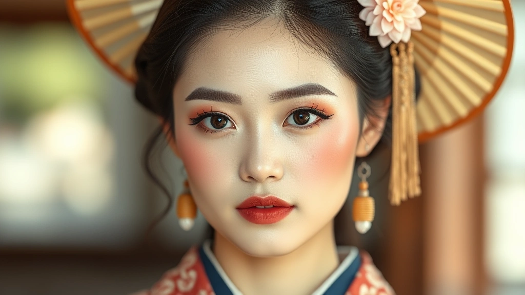 Finished Japanese old fashioned makeup look on model, complete face with dewy skin, soft neutral palette, barely-there blush, gradient lip color, defined but natural brows, luminous highlighter on cheekbones, elegant styling with traditional inspired clothing element