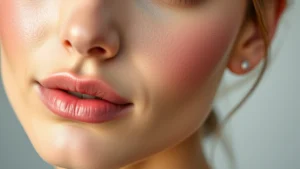 Close-up of dewy, glowing complexion with cream blush and luminous highlighter on cheekbones, soft natural lighting, fresh-faced model with minimal makeup showing radiant skin texture