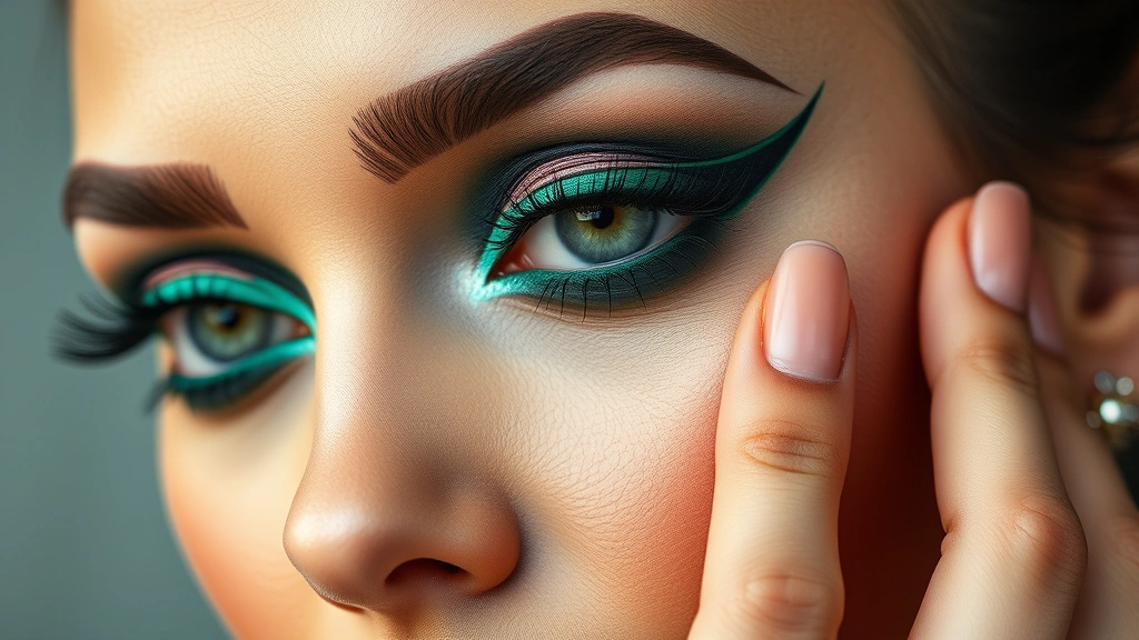 Artistic bold graphic eyeliner look with emerald green eyeshadow, sharp winged liner design, precision makeup application on diverse skin tone, professional makeup artistry
