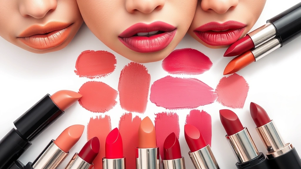 Warm-toned lip swatch display showing diverse nude, coral, and burgundy lipstick shades on different skin tones, natural lighting, beauty product arrangement, professional cosmetics photography