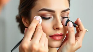 Professional makeup artist applying foundation with beauty sponge on model's face, close-up showing technique and blending, natural lighting studio
