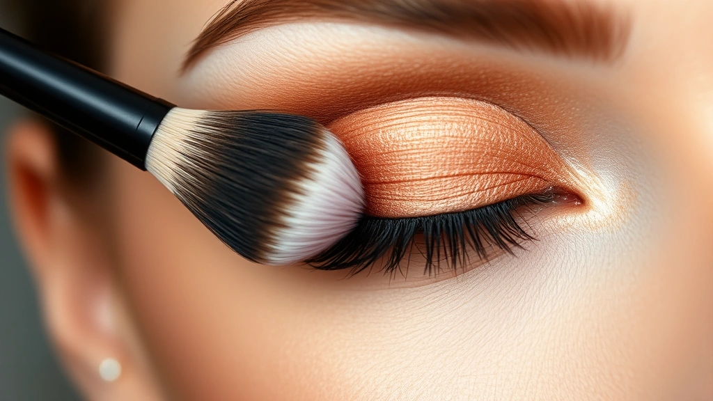 Detailed eyeshadow application with warm bronze and brown tones, fluffy brush blending in crease, demonstrating professional eye makeup technique