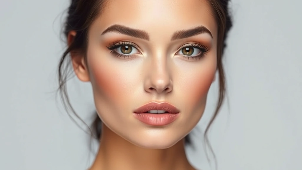 Finished makeup look showing contoured cheekbones and highlighted features, model with polished appearance, neutral lip color, professional studio portrait