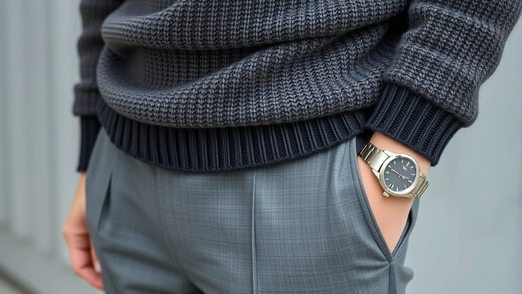 Close-up of carefully styled Korean men's outfit showing layered textures: fitted turtleneck under chunky knit sweater with cropped gray trousers visible, minimal silver watch and clean-lined watch visible, focused on proportional balance and textile details