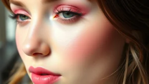 Close-up of perfectly applied Lolita makeup on a face with pale complexion, soft pink eyeshadow, defined crease, delicate false lashes, rosy cheeks, and pink lip color in natural lighting